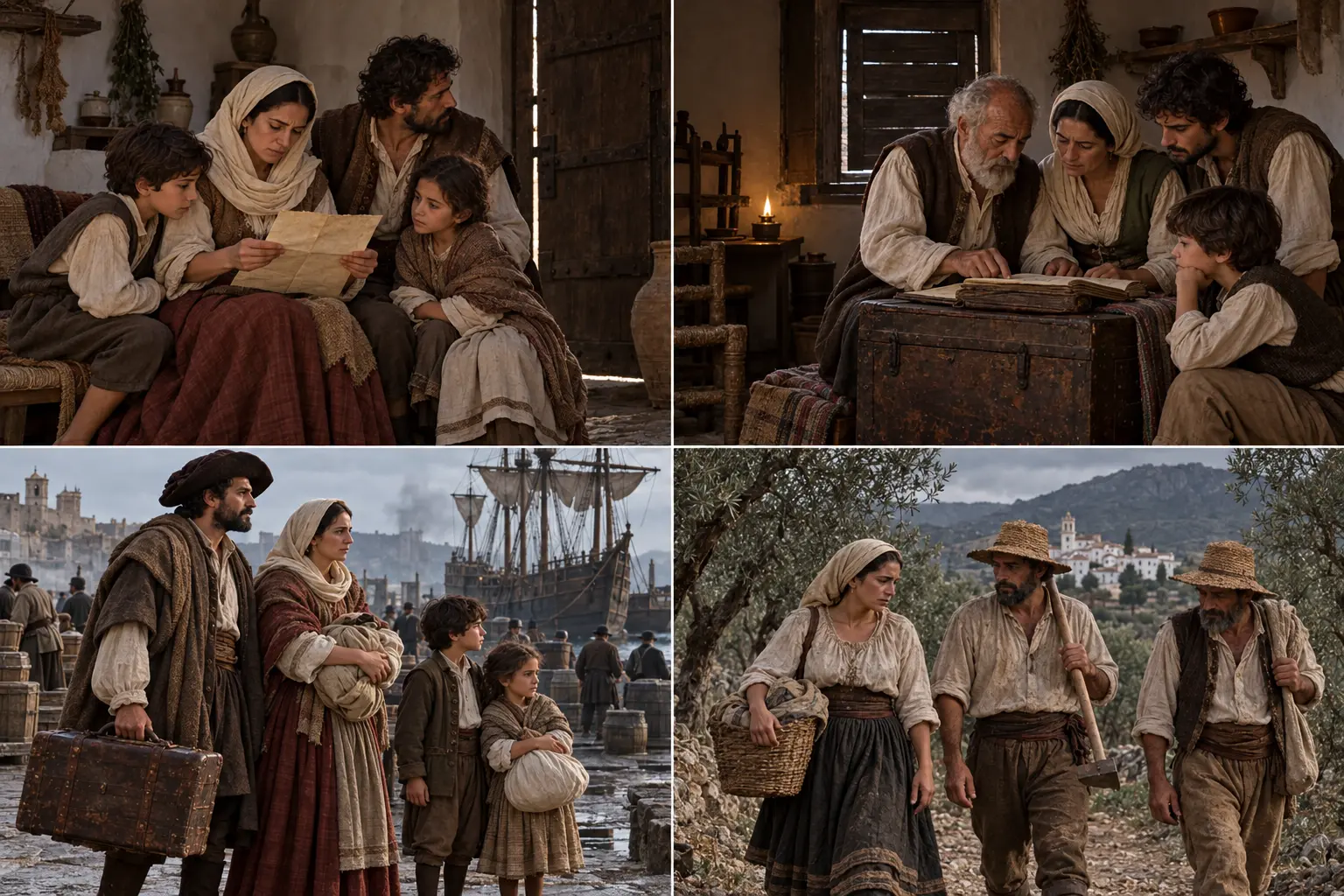 Recreación de una familia del linaje Zegrí que protege un libro y su memoria doméstica, con las contraventanas cerradas y la luz discreta de un candil.