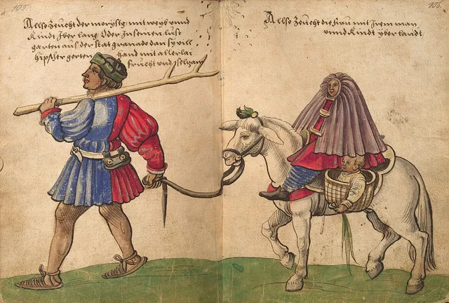 Dibujo de Weiditz de una familia morisca viajando por el reino de Granada, en 1529