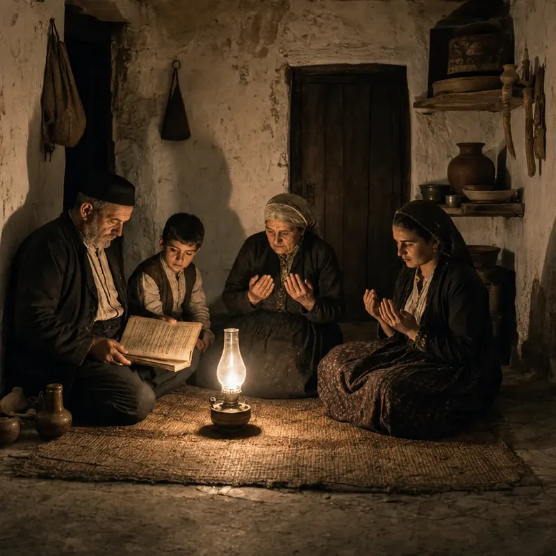 Recreación de una familia leyendo un manuscrito árabe a la luz de una lámpara