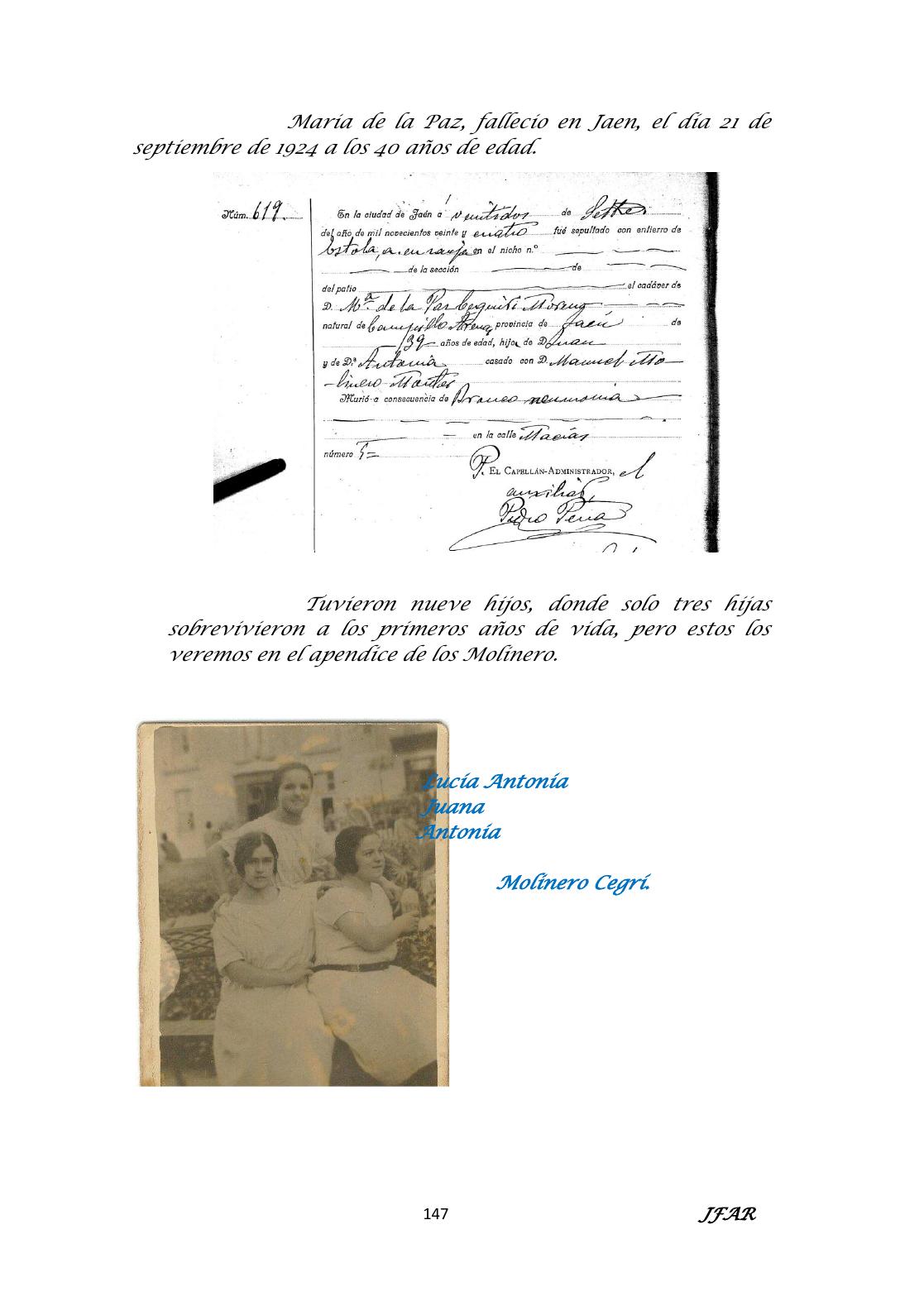 Última página del dossier con una fotografía de Lucía, Antonia y Juana Molinero Cegrí